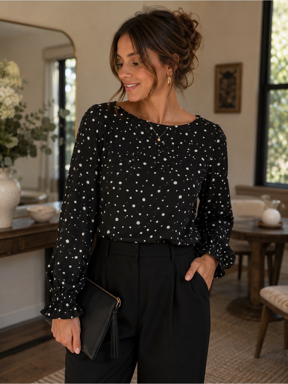 Ann Taylor Black Blouse with White Dot Print